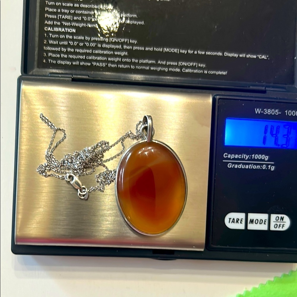 14K White Gold Chain Amber Agate Pendant Necklace 925 Silver​​​​​ - Picture 14 of 15